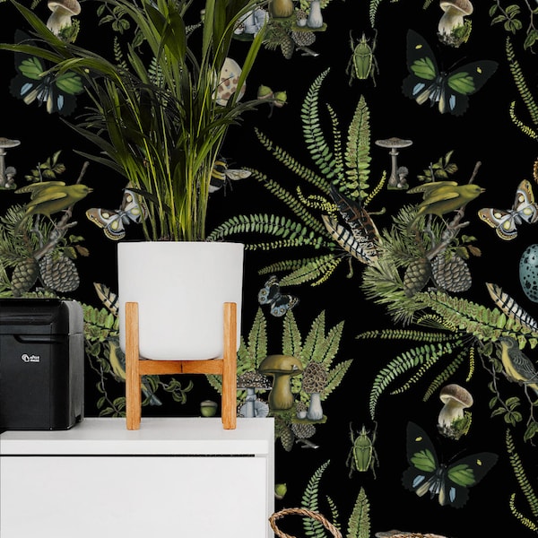 BOTANICAL WALLPAPER, REPEATING Pattern, Fern Wallpaper, Customizable Hand Painted Greenery Forest Naturalist Removable Black Wallpaper