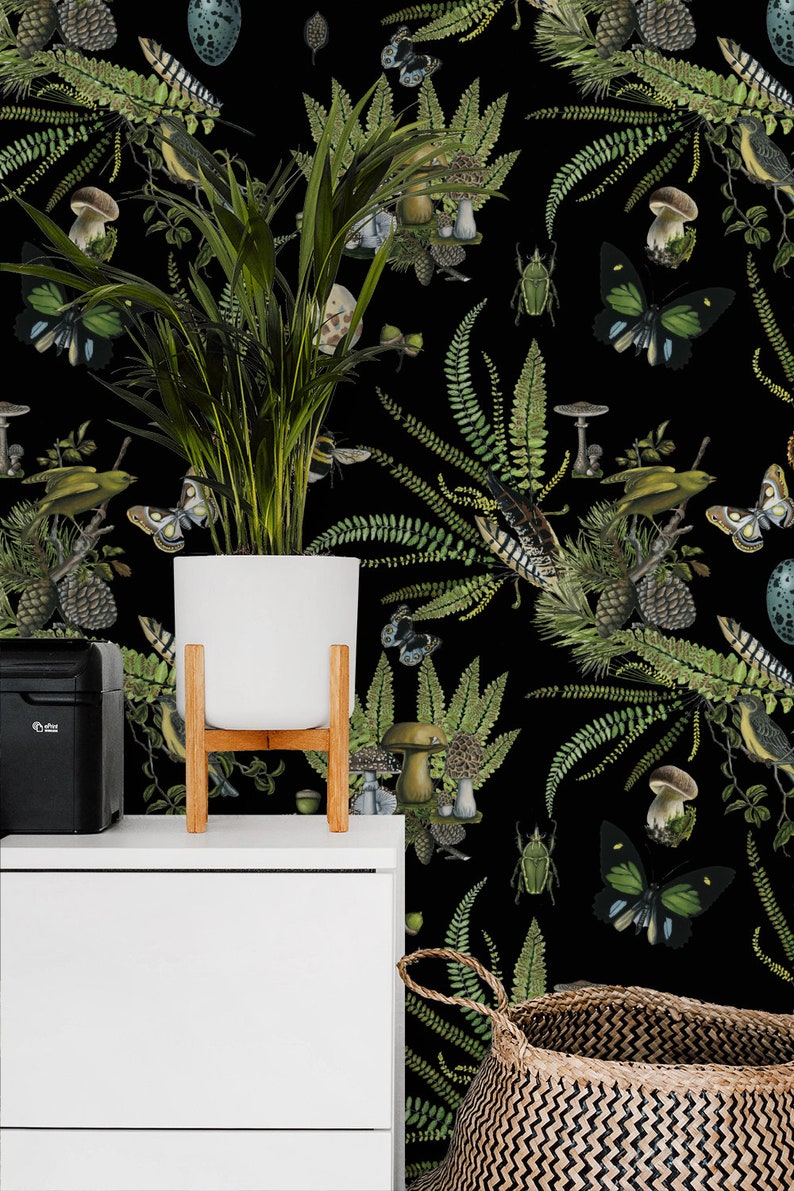black botanical wallpaper
