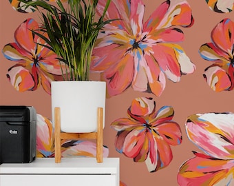 Floral Wallpaper: Hand-Painted Pink Flowers, Vivid Decorative Pattern