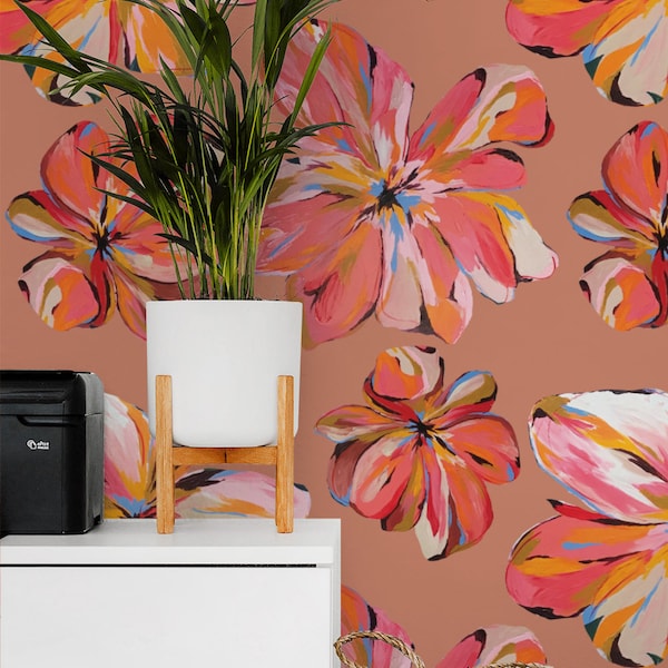 COLORFUL WALLPAPER, Repeating Pattern, FLORAL Wallpaper, Hand Painted Gorgeous Pink Flowers Pattern Traditional Vivid Decorative Wallpaper