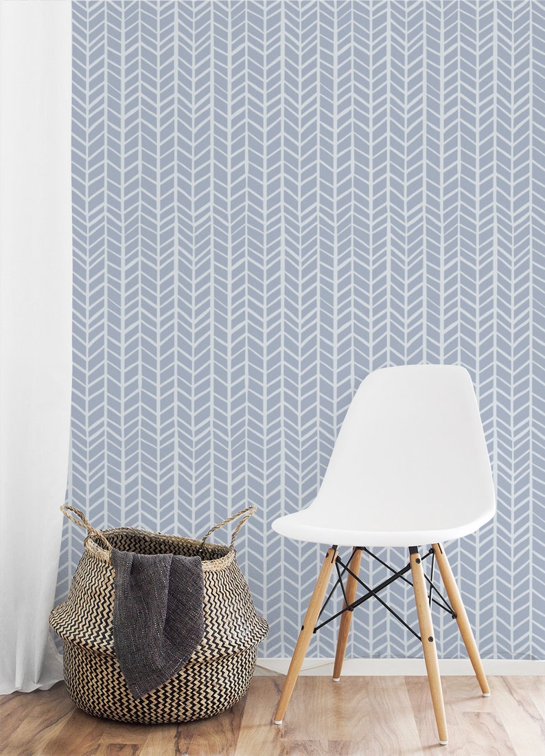 Blue Herringbone Removable Wallpaper Neutral Chevron Etsy
