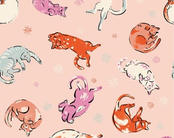 Hand-Painted Sleeping Cats - Pink Cats - Peel & Stick And Traditional Vivid Wallpaper