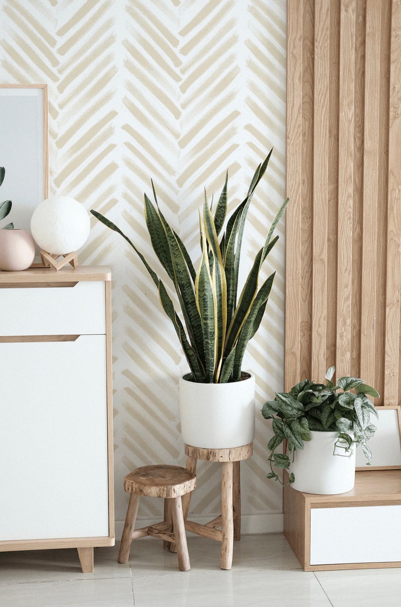 May include: A white ceramic planter with a green snake plant on a wooden stand. A smaller white ceramic planter with a green plant is on a wooden stool. The background is a beige wall with a chevron pattern.