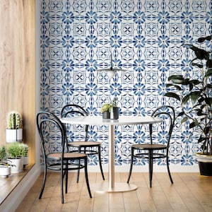Blue Mexican Tile Wallpaper: Boho Peel and Stick Wall Mural