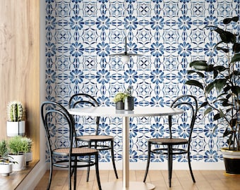 Blue Mexican Tile Wallpaper: Boho Peel and Stick Wall Mural