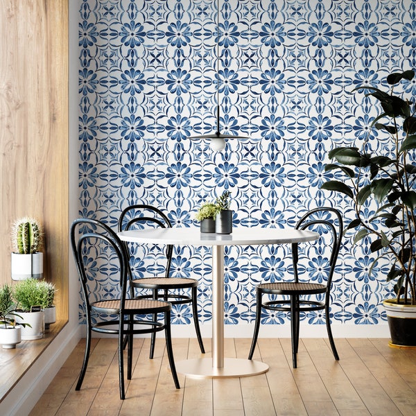 MEXICAN TILES, Mexican WALLPAPER, Blue Wallpaper, Temporary Adhesive Colorful Wall Mural Wallpaper Boho Aesthetic Wallpaper