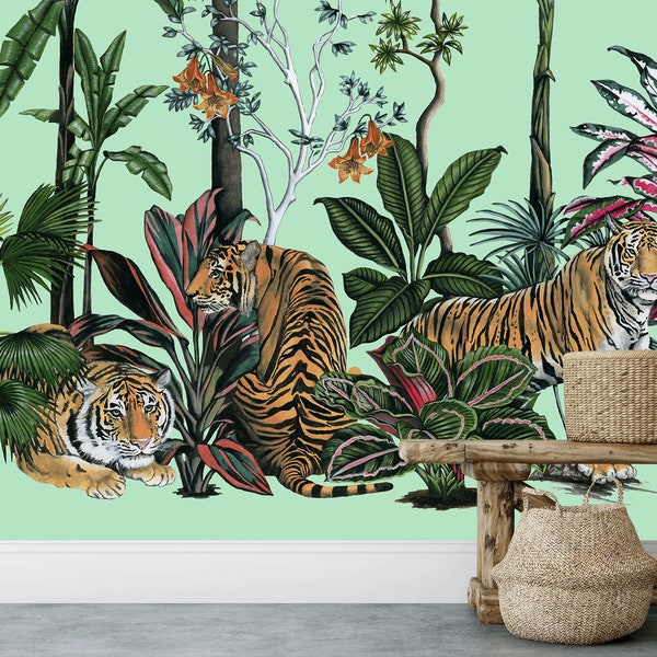 TIGER WALLPAPER, Floral Wall MURAL, Bird Wallpaper, Personalized Chinoiserie Print On Green Animal Washable Wall Covering