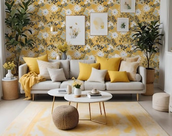 Yellow Floral Wallpaper: Cheerful Botanical Wall Mural, Self Adhesive