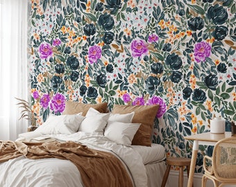 Retro FLOWER PRINT, Wall Covering, Flower WALLPAPER, Cute Garden Dancing Blooms Modern Wall Paper Unique Adhesive Wall Art