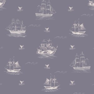 May include: A repeating pattern of white line drawings of sailing ships, whale tails, and stylized waves on a muted purple background. The nautical theme creates a vintage, whimsical aesthetic.