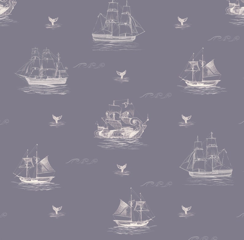 May include: A repeating pattern of white line drawings of sailing ships, whale tails, and stylized waves on a muted purple background. The nautical theme creates a vintage, whimsical aesthetic.