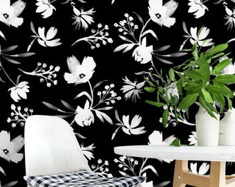 Black and White Floral Wallpaper Mural, Removable Wallpaper
