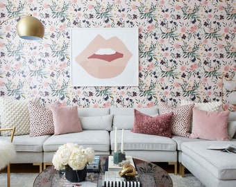 Blush Pink Floral Wallpaper Mural, Removable Wall Art