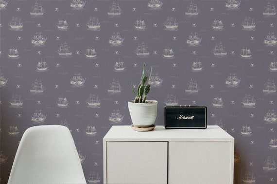 Nautical Wallpaper, Gray Pirate Ship Wall Mural, Peel and Stick