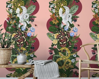 Botanical Snake Wallpaper Mural: Hand-Painted Reptile Design