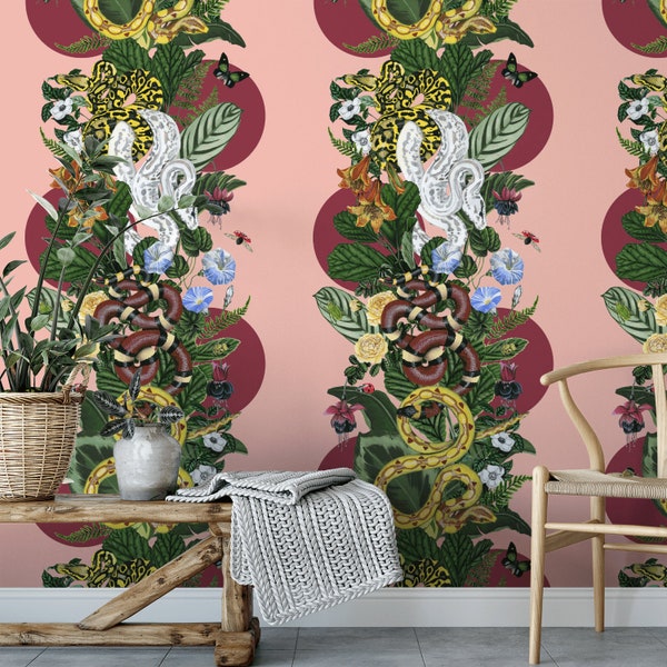 Botanical Snake Wallpaper Mural: Hand-Painted Reptile Design