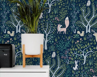 Navy Woodland Animals Wallpaper, Removable Forest Mural