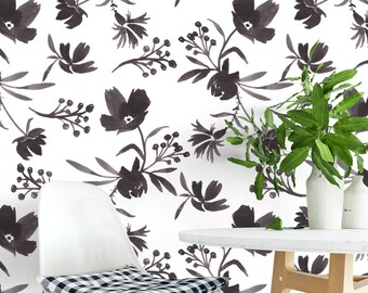 Black and White Floral Wallpaper, Repeating Pattern, Self Adhesive Wall Mural