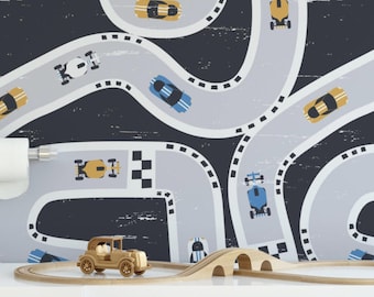Racetrack Car Wallpaper: Kids Playroom Wall Decal
