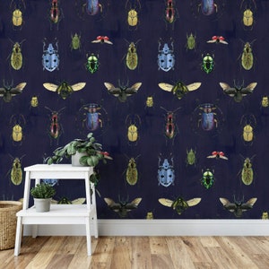 Navy BLUE WALLPAPER, BEETLE Pattern, Eclectic Wallpaper, Personalized Insects Dark Removable Temporary Washable Unusual Mural Wallpaper