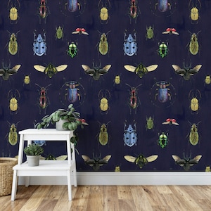 Navy BLUE WALLPAPER, BEETLE Pattern, Eclectic Wallpaper, Personalized Insects Dark Removable Temporary Washable Unusual Mural Wallpaper