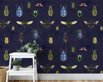 Navy Beetle Wallpaper: Eclectic Insect Mural, Removable Wallpaper