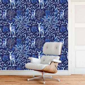 ANIMAL WALLPAPER, FOREST Wall Mural, Blue Wallpaper, Aesthetic Tree Branches Deer Print Woodland Custom Wall Paper For Nursery Room Decor