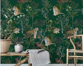 Tiger Jungle Wallpaper: Green Tropical Peel & Stick Mural