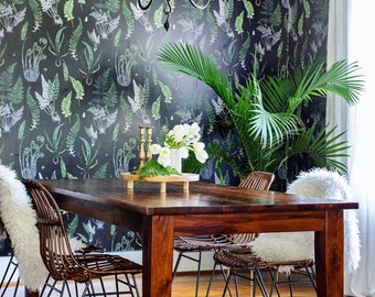 Fern Wallpaper: Green Plant Leaves on Black - Self Adhesive