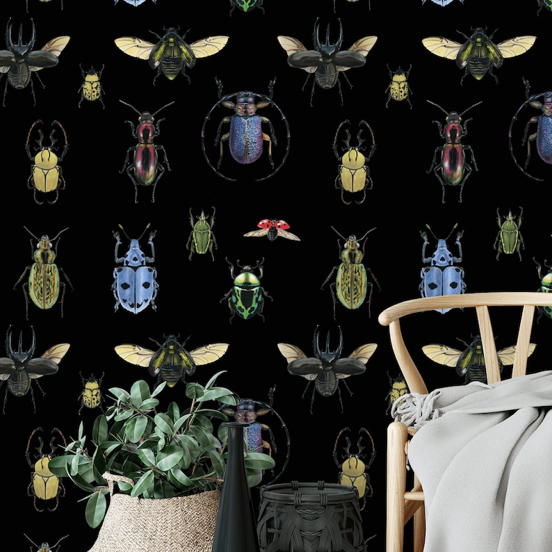 May include: Black and white wallpaper with a repeating pattern of colorful beetles. The beetles are in various poses, some with wings spread and some with their legs outstretched. The wallpaper is a great way to add a touch of nature to any room.