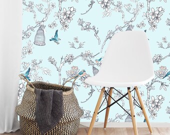 BIRD WALLPAPER, TREE Wall Mural, Custom Wallpaper, Vintage Design Inspired Braches Print Waterproof Wall Paper With Light Blue Background