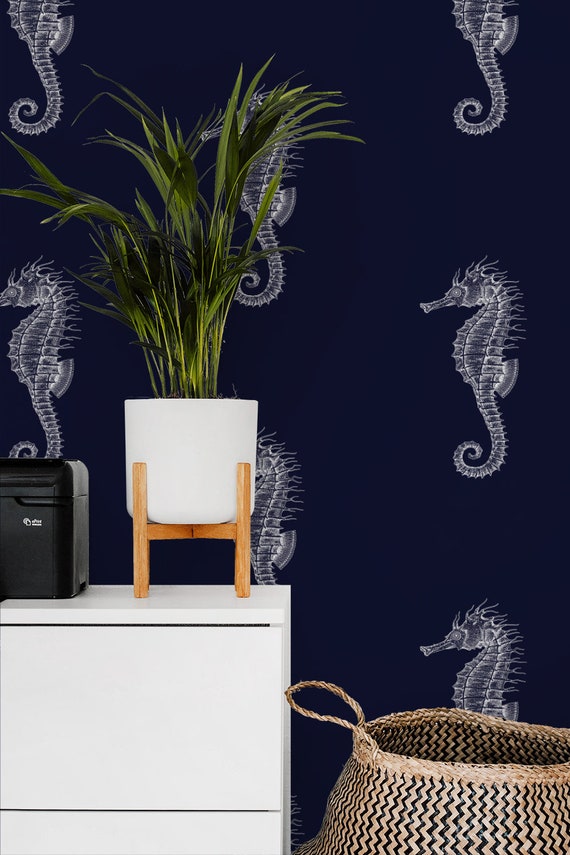 SEA WALLPAPER, OCEAN Wall Mural, Nautical Wallpaper, Custom Aesthetic Removable Seahorses Nursery Room Decoration Navy Wall Paper, 523