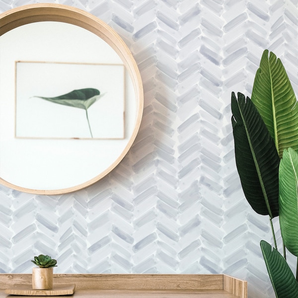 Blue Chevron Watercolor Removable Wallpaper | Neutral Chevron Wallpaper | Neutral Peel and Stick Wallpaper | Scandi Self Adhesive Wallpaper