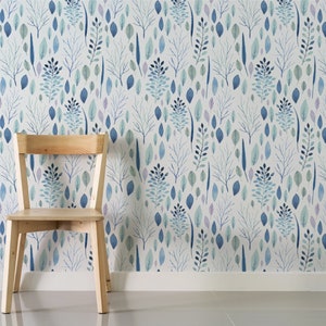 BOTANICAL WALLPAPER, BLUE Wallpaper, Designer Wallpaper, Elegant Adhesive Removable Wallpaper Mural Aesthetic Wall Covering