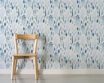 Papier peint amovible bleu botanique feuilles, motif aquarelle