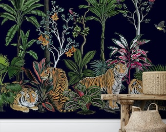 Tiger Floral Wallpaper Mural: Chinoiserie Jungle Print