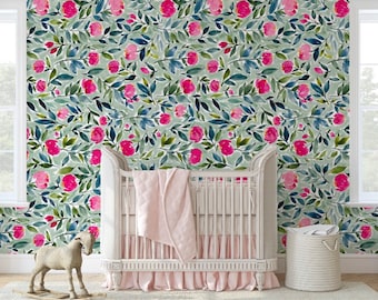 Peonies Wallpaper, Watercolor Floral Wall Mural, Green Peel and Stick