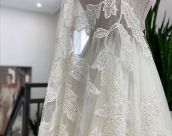 Ivory 3d Bridal embroidered Leaves lace  fabric  lace fabric Ivory wedding lace Ivory bridal lace Ivory leaves fabric Wedding dress fabric