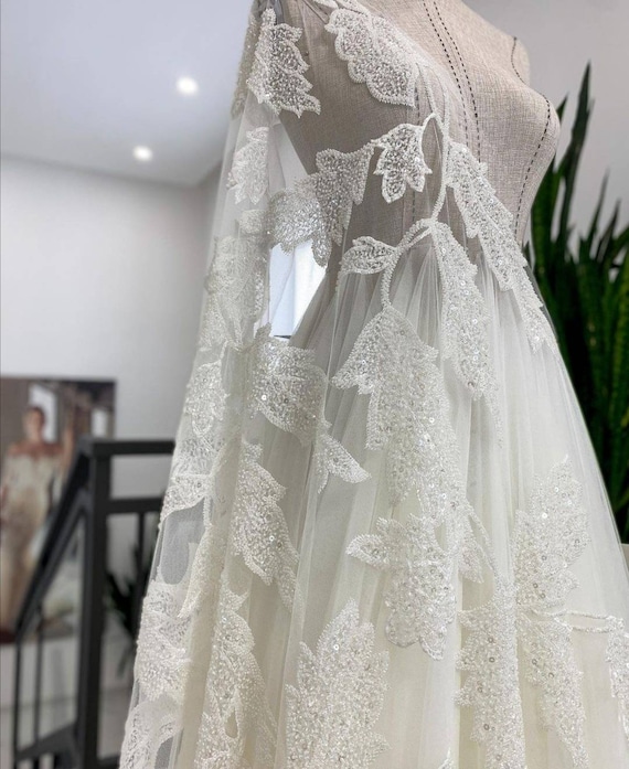 Ivory 3d Bridal Embroidered Leaves Lace Fabric Lace Fabric Ivory