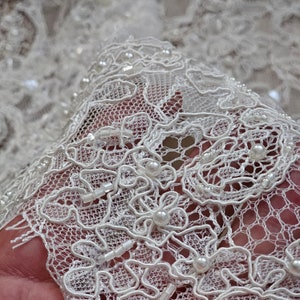 Ivory embroidered Chantilly  lace with beads Ivory bridal lace wedding lace fabric Ivory corded lace Chantilly lace cord lace