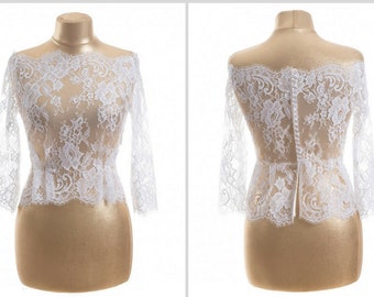 White 3/4 sleeve chantilly lace bolero Wedding bolero-jacket Ivory bridal bolero