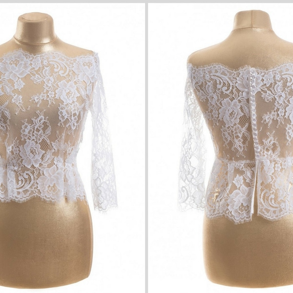 White 3/4 sleeve chantilly lace bolero Wedding bolero-jacket Ivory bridal bolero