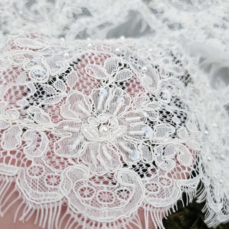 Ivory embroidered Chantilly lace with beads Ivory bridal lace wedding lace fabric Ivory corded lace Chantilly lace cord lace image 15