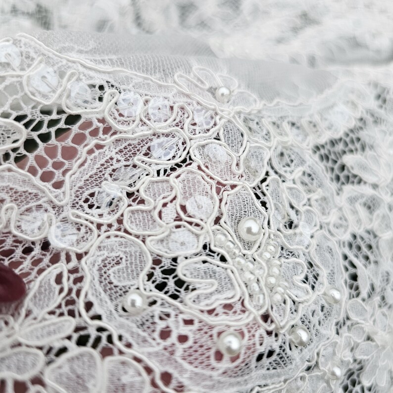 Ivory embroidered Chantilly lace with beads Ivory bridal lace wedding lace fabric Ivory corded lace Chantilly lace cord lace image 6