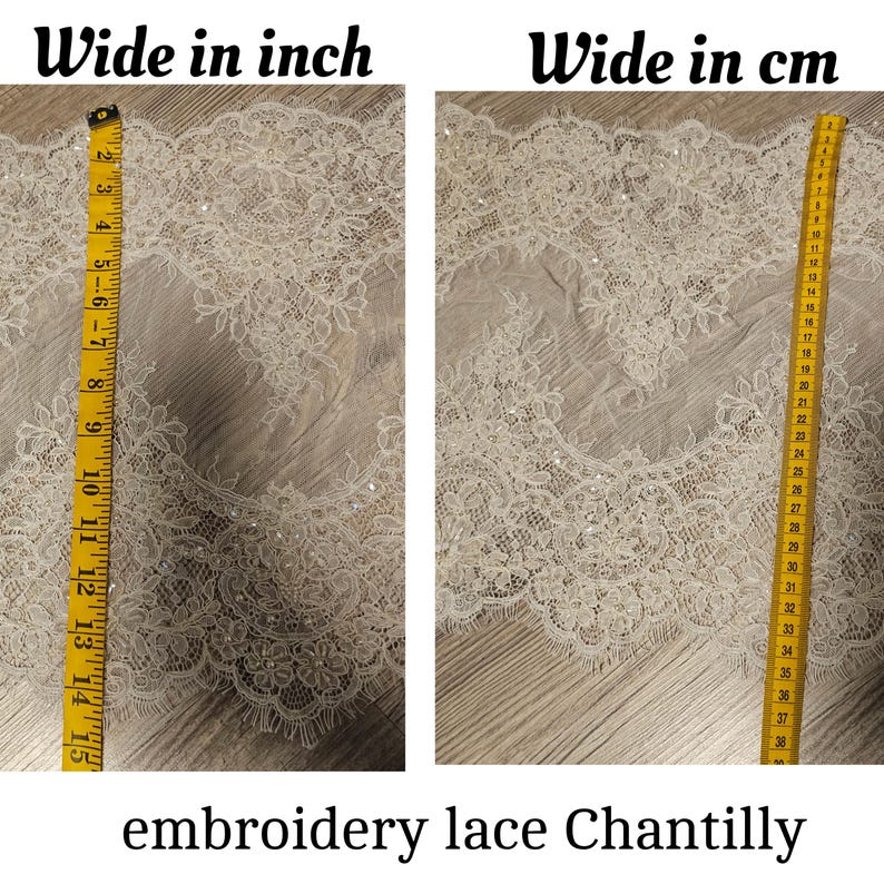 Ivory embroidered Chantilly lace with beads Ivory bridal lace wedding lace fabric Ivory corded lace Chantilly lace cord lace image 7