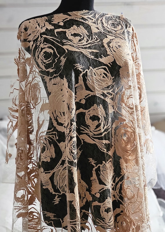Cappuccino Embroidery rose lace Rose lace fabric Cappuccino wedding lace Cappuccino bridal lace Cappuccino lace by the 1 yard Wedding fabric