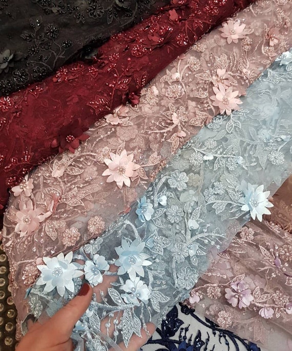 Tul bordado 3D decorado con flores perlas tela tul - Etsy España