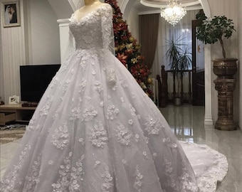 White/Ivory  wedding dress with a long train, Bridal dress with long sleeves sewn to your measurements /Classic Chic Wedding lace dresses
