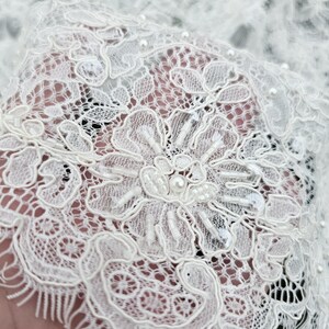 Ivory embroidered Chantilly lace with beads Ivory bridal lace wedding lace fabric Ivory corded lace Chantilly lace cord lace image 14