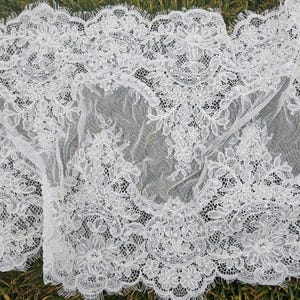 Ivory embroidered Chantilly lace with beads Ivory bridal lace wedding lace fabric Ivory corded lace Chantilly lace cord lace image 2